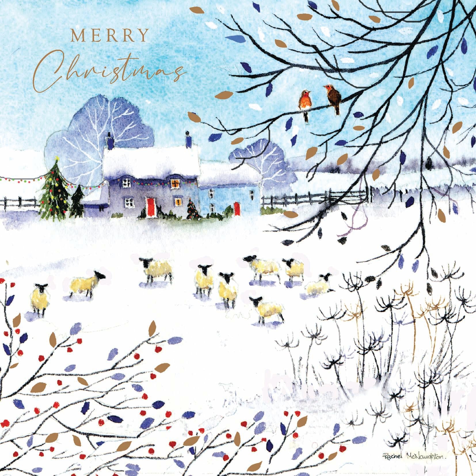 Sheep Grazing in the Field - Pack of 5 Farm House Themed Charity Christmas & Happy New Year Cards