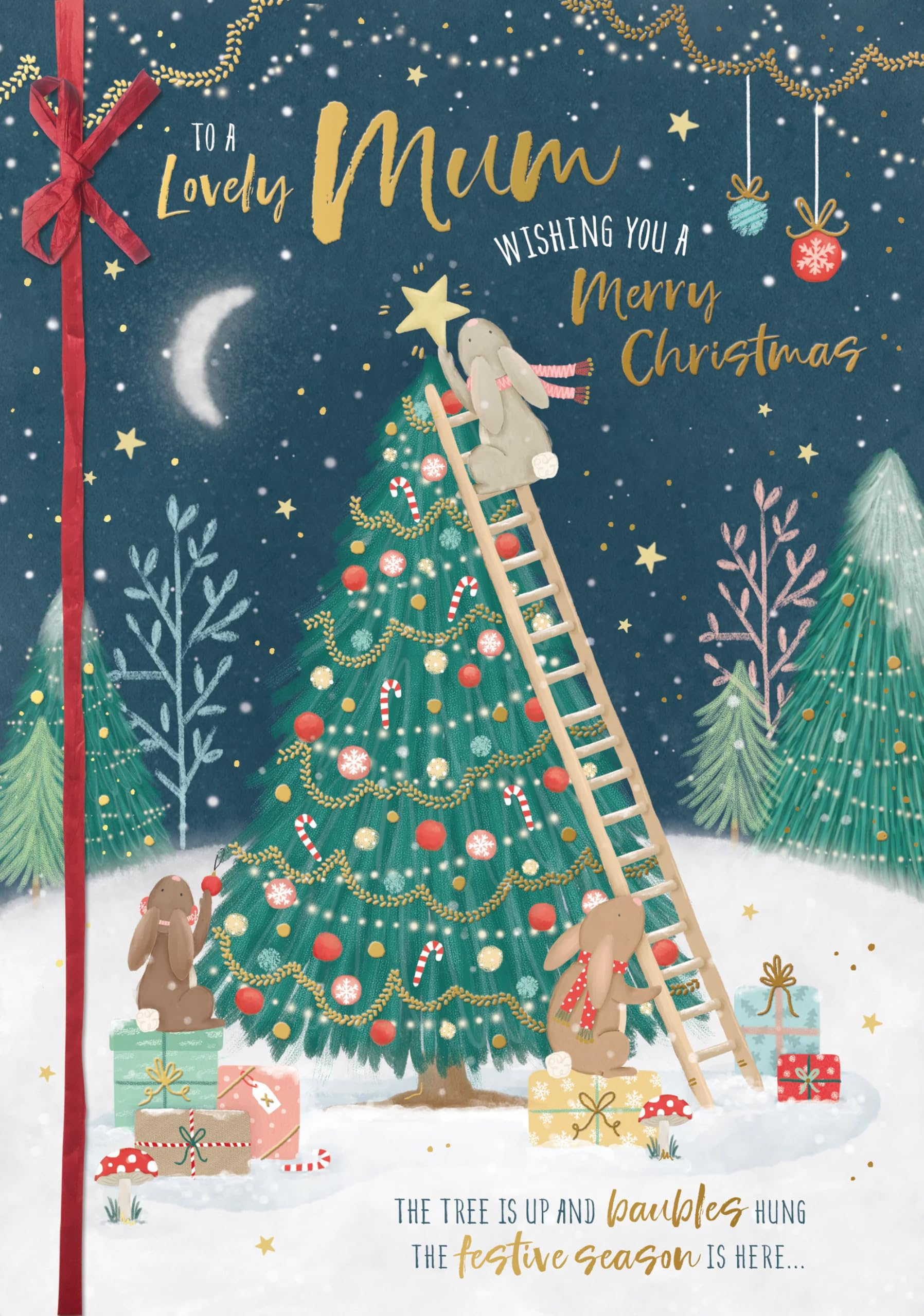 To a Lovely Mum Rabbits Decorating Xmas Tree Large Hand Finished Christmas Card (25x18cm) with Gold Emboss Finish - Red Bow and 2-Page Verse