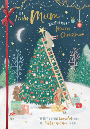 To a Lovely Mum Rabbits Decorating Xmas Tree Large Hand Finished Christmas Card (25x18cm) with Gold Emboss Finish - Red Bow and 2-Page Verse