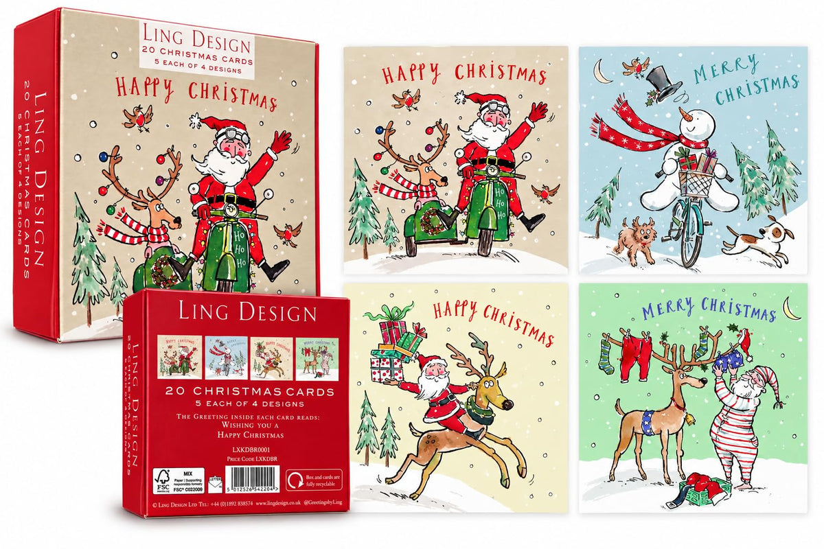 Ling Design Festive Illustrated Christmas Cards Box ? 20 Cards, 4 Assorted Designs