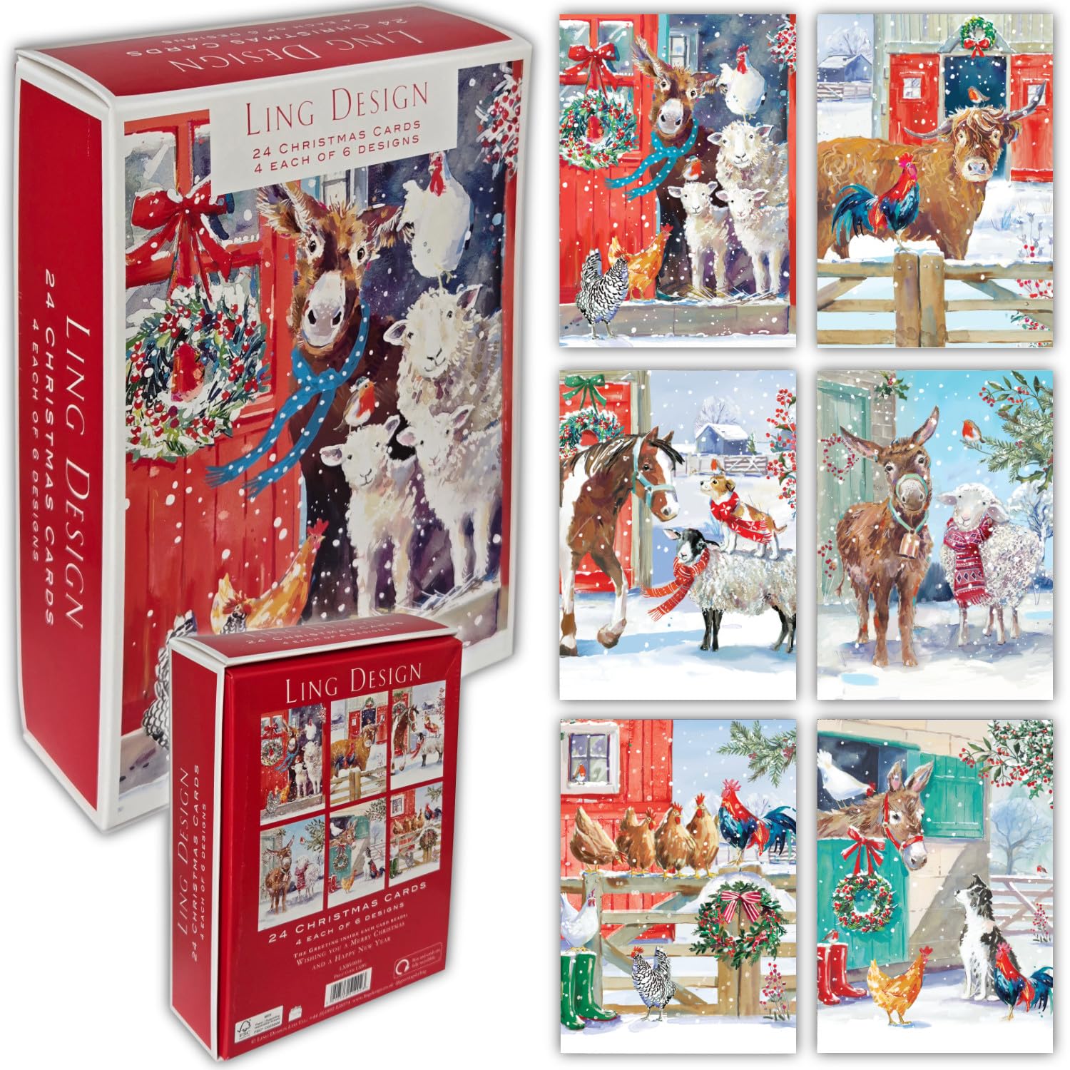 Farmyard Animals Box of 24 Assorted Christmas & New Year Cards - 4 Each of 6 Designs by Ling Design