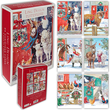 Farmyard Animals Box of 24 Assorted Christmas & New Year Cards - 4 Each of 6 Designs by Ling Design