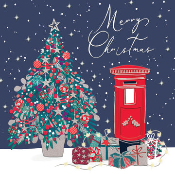 Postbox & Xmas Tree Festive Art Premium Pack of 5 Christmas & New Year Cards - 16 x 16cm - Matt Finish with Foil Embossed Detail by Ling Design