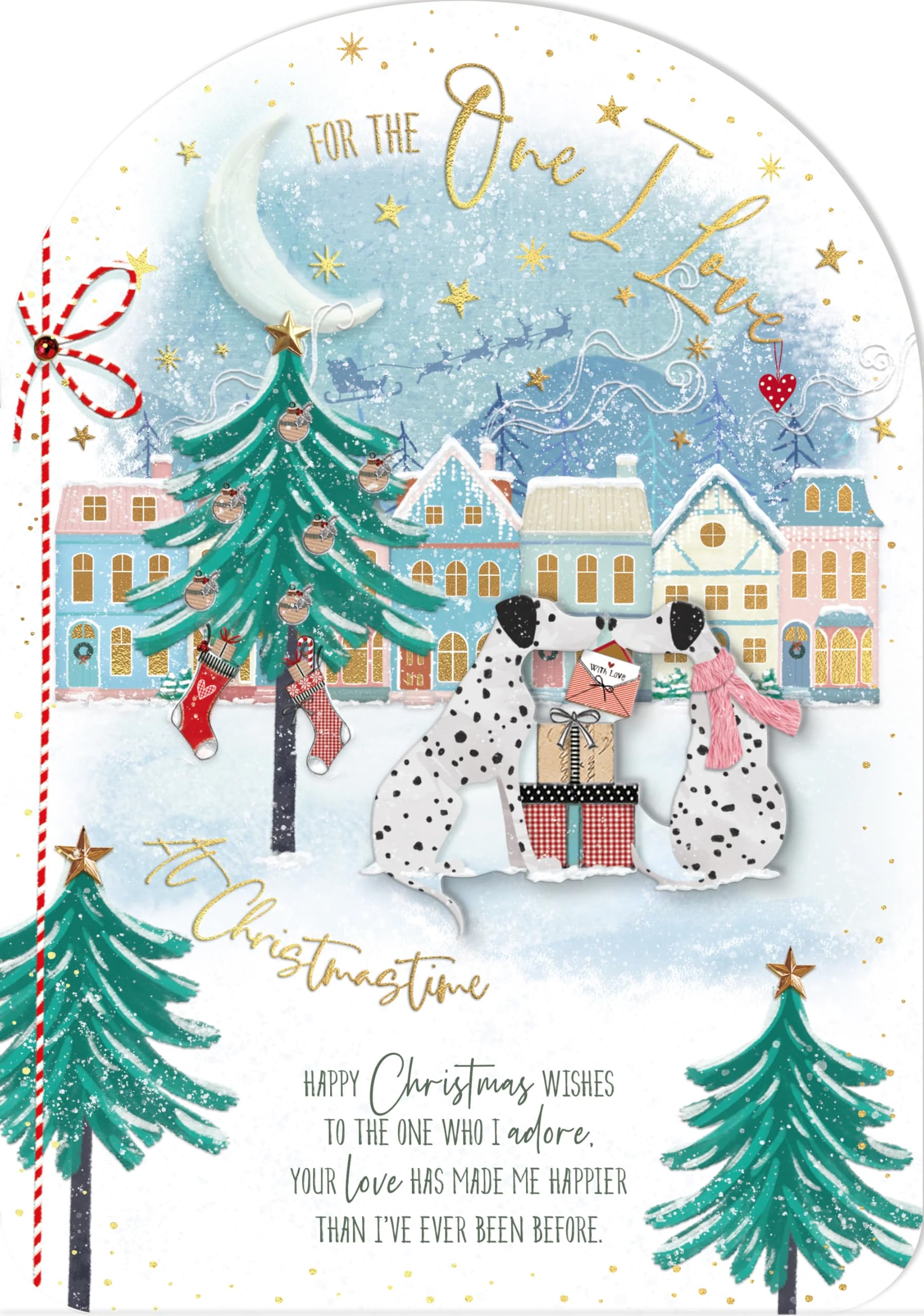 For The One I Love - Dalmatians Exchanging Gifts - Large Christmas Greeting Card (25.5x18cm) with Gold Emboss Finish - Die-Cut Raised Artwork and 2-Page Verse