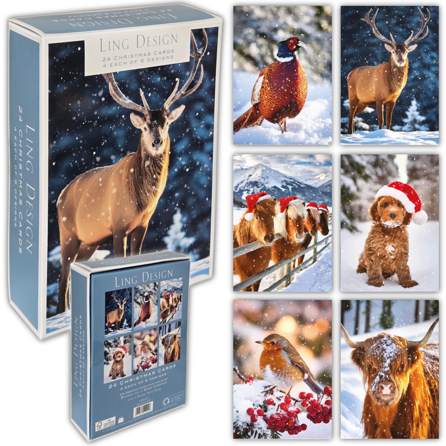 Winter Animals Box of 24 Assorted Christmas & New Year Cards - 4 Each of 6 Designs by Ling Design
