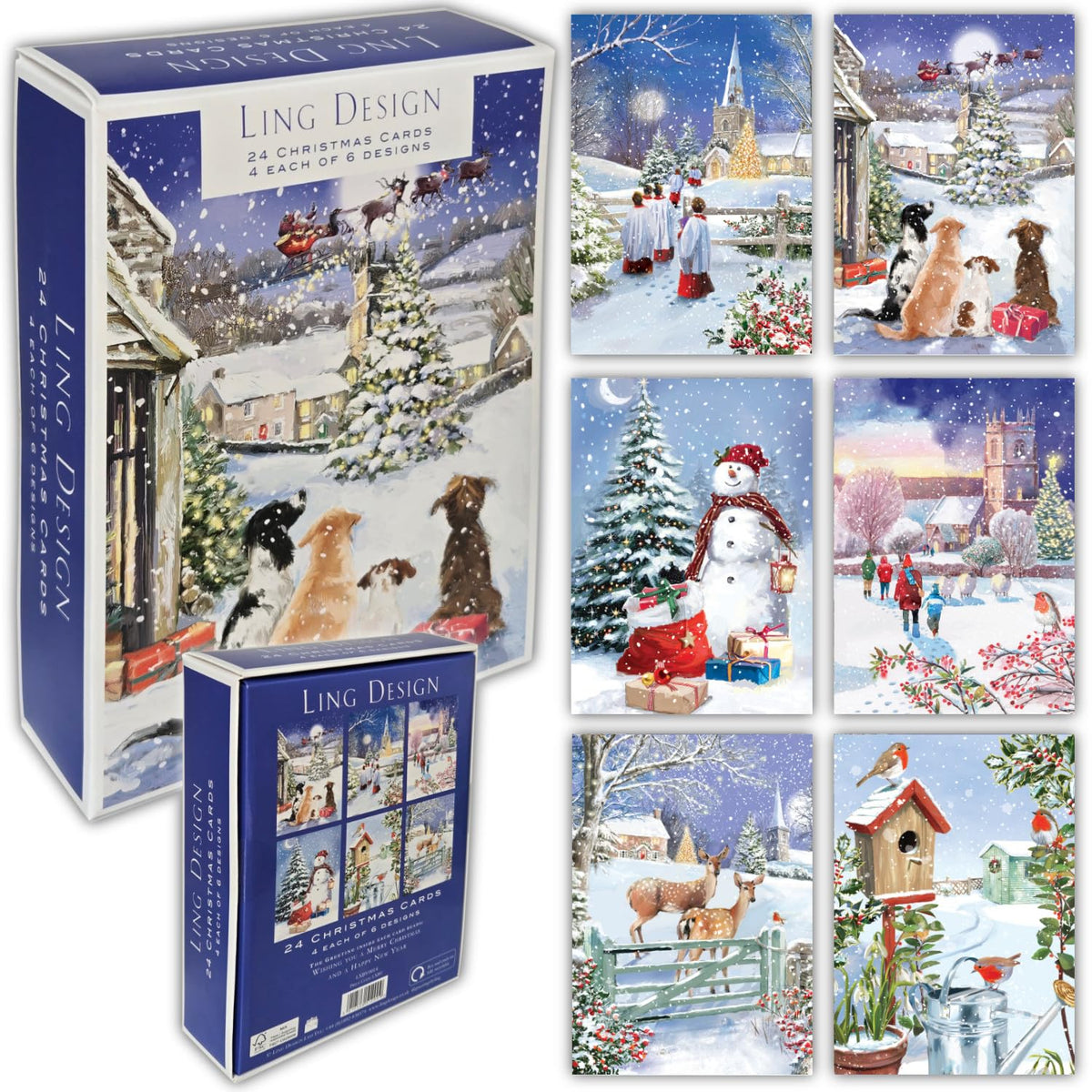 Snowy Scenes Box of 24 Assorted Christmas & New Year Cards - 4 Each of 6 Designs by Ling Design