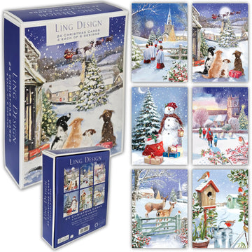 Snowy Scenes Box of 24 Assorted Christmas & New Year Cards - 4 Each of 6 Designs by Ling Design