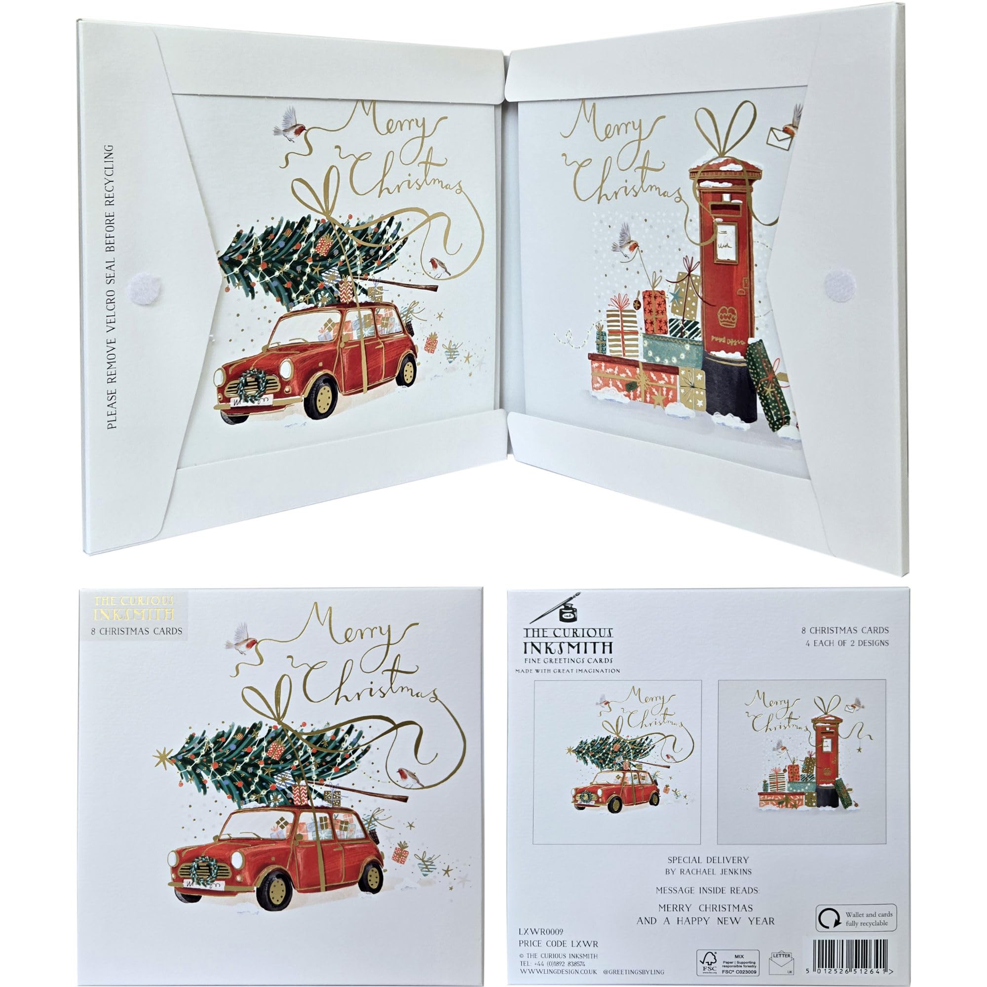 Special Delivery Festive Arts & Crafts Pack of 8 Christmas Cards in 2 Designs by The Curious Inksmith - Gold Embossed