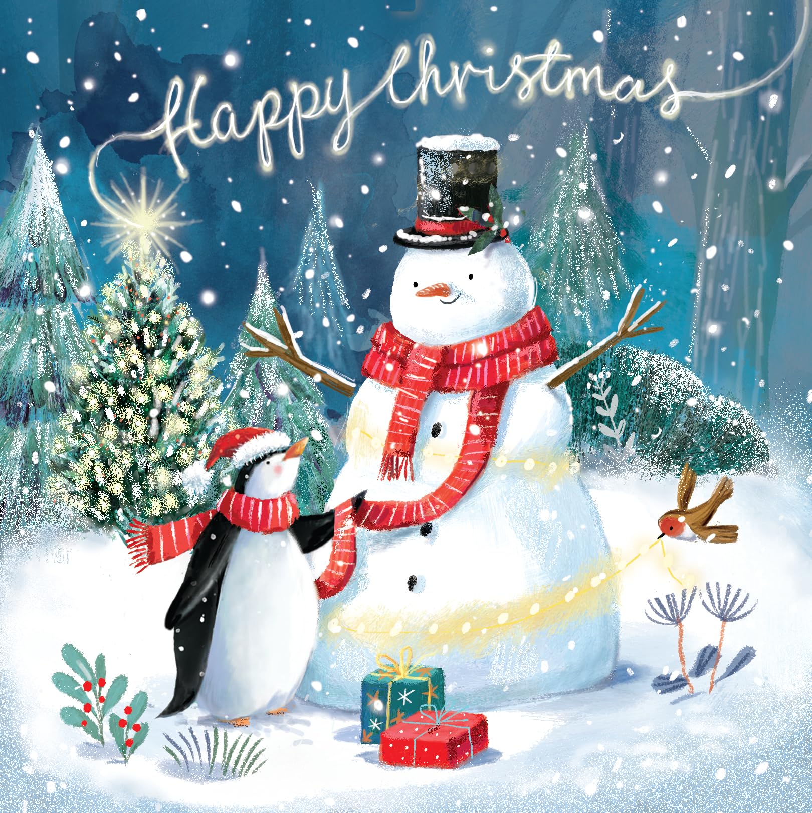 Magical Snowman & Penguin Festive Art Deluxe Box of 12 Christmas & New Year Cards - 135 x 135mm (5.5x5.5in) - Gloss Finish on Premium Board by Ling Design