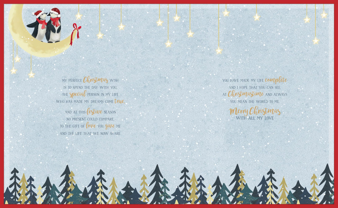To The One I Love Keepsake Boxed Christmas Card - Penguins Stood on Moon Design - 10 x 8 - Hand Finished with Gold Embossing and Red Bow