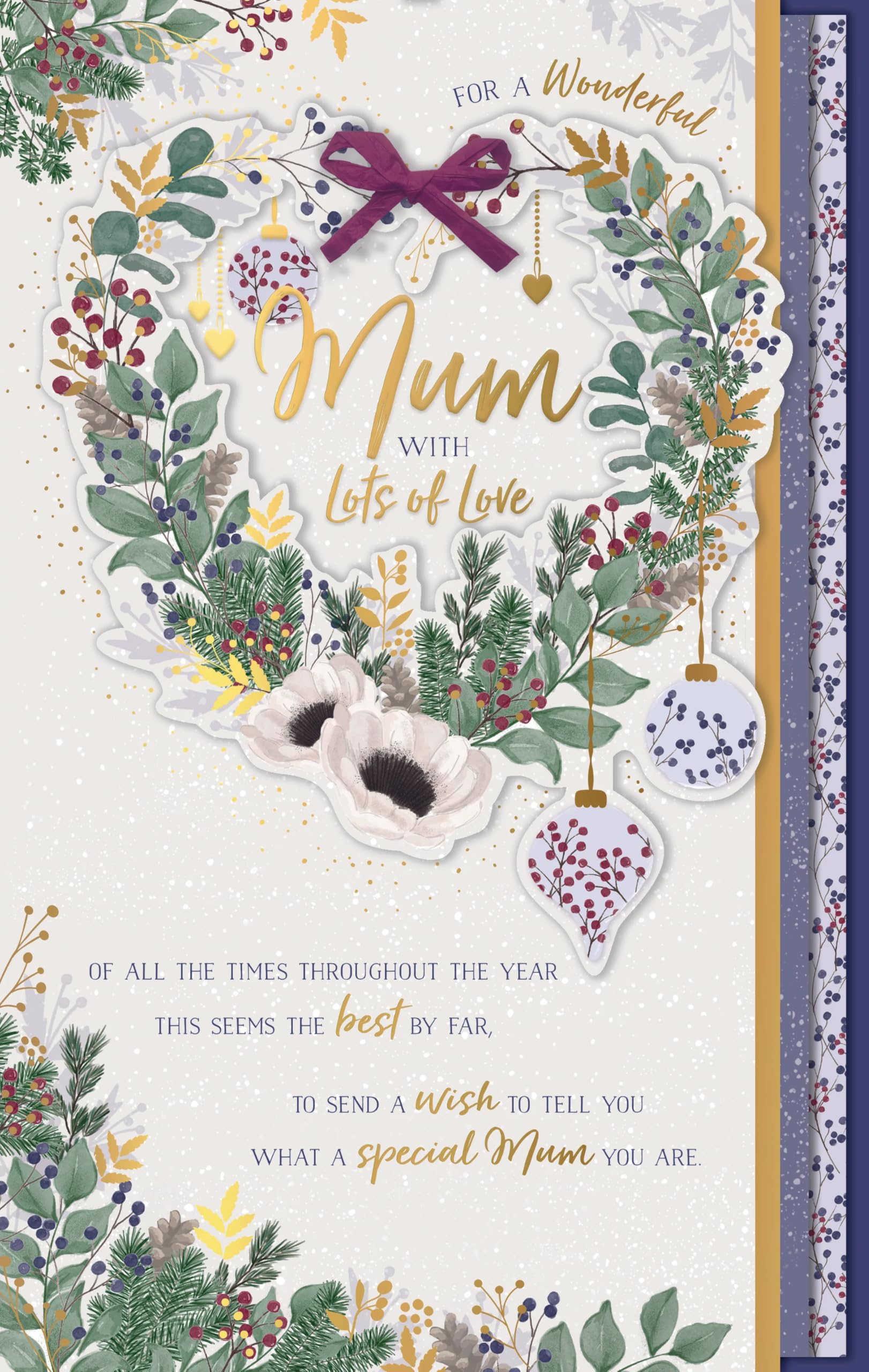 Mum with Lots of Love Festive Heart Wreath - Large Hand Finished Christmas Card (28x18cm) with Gold Emboss Finish - Purple Bow and 3-Page Verses