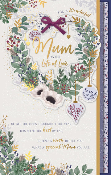 Mum with Lots of Love Festive Heart Wreath - Large Hand Finished Christmas Card (28x18cm) with Gold Emboss Finish - Purple Bow and 3-Page Verses
