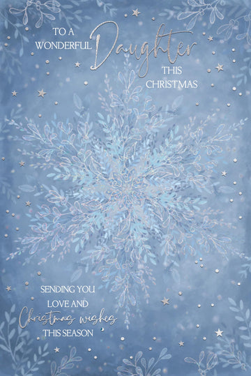 Wonderful Daughter Snowflake Sparkle - Festive Winter Wonderland Christmas Card (23x15.5cm)  Silver Foil Finish with Silver Envelope