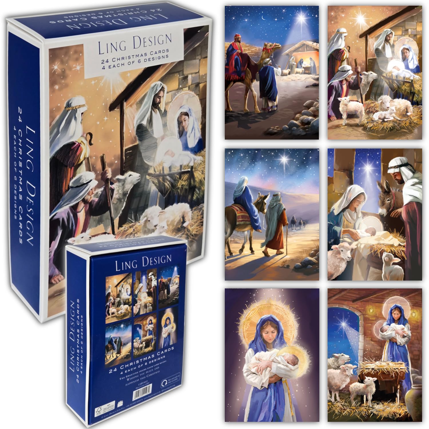 Religious Art Box of 24 Assorted Christmas & New Year Cards - 4 Each of 6 Designs by Ling Design