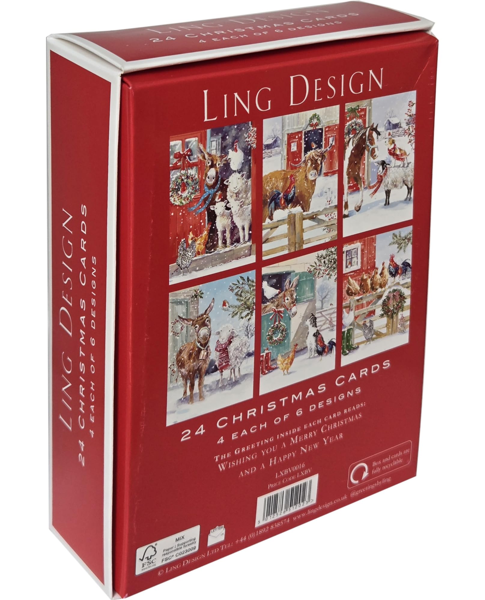 Farmyard Animals Box of 24 Assorted Christmas & New Year Cards - 4 Each of 6 Designs by Ling Design