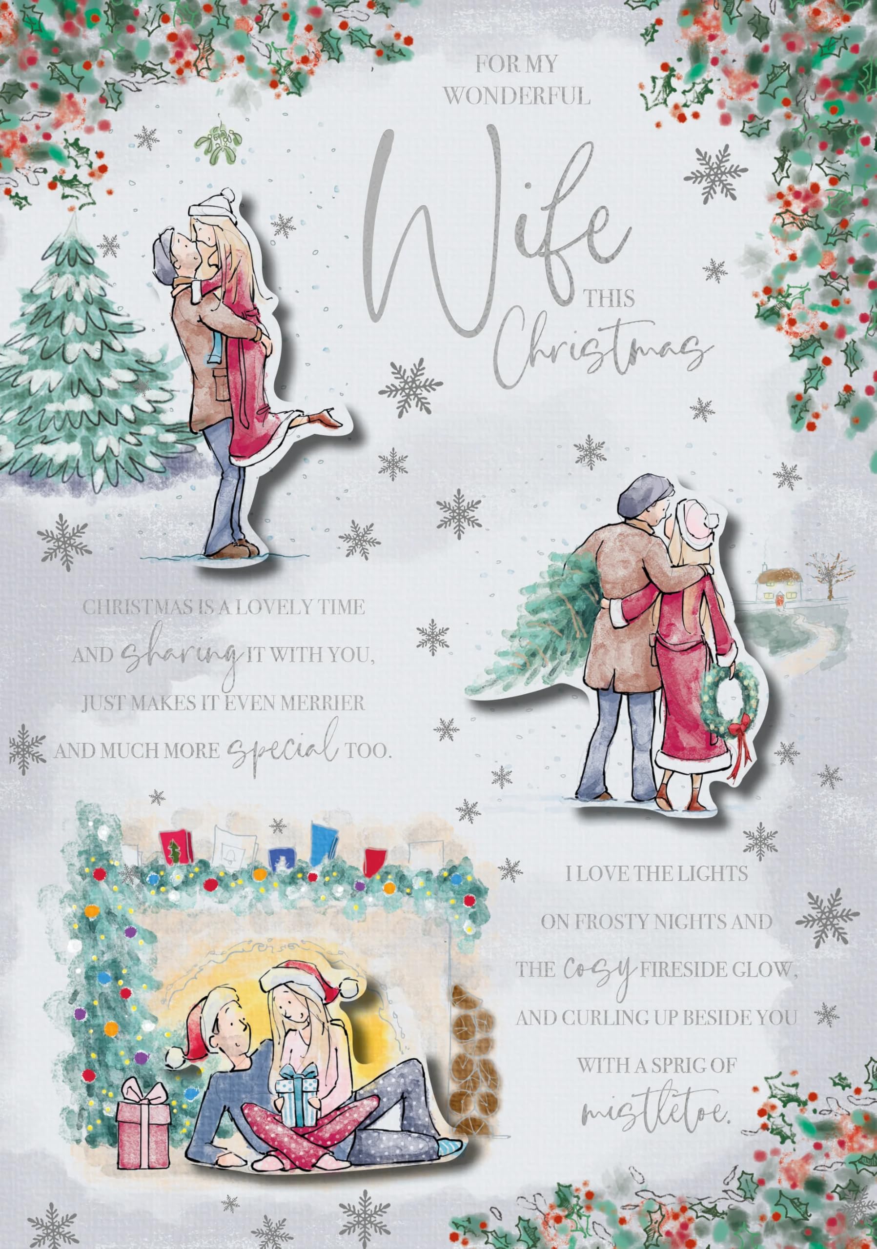 For My Wonderful Wife Couple Spending Xmas Together Large Christmas Card 25x18cm with Silver Emboss Finish and 2-Side Verse