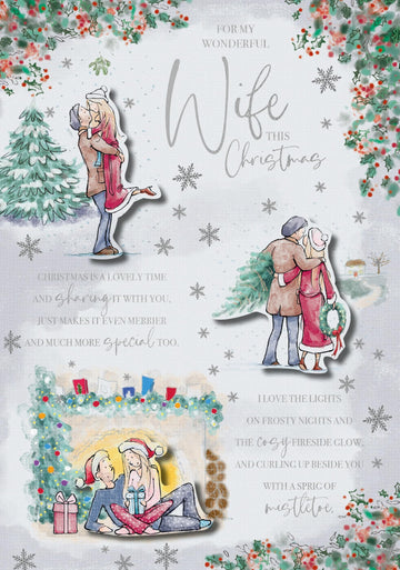 For My Wonderful Wife Couple Spending Xmas Together Large Christmas Card 25x18cm with Silver Emboss Finish and 2-Side Verse