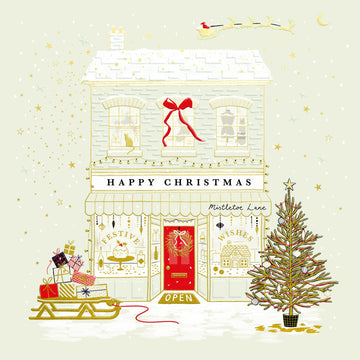 Xmas Shopping Mistletoe Lane Festive Art Premium Pack of 5 Christmas & New Year Cards - 16 x 16cm - Matt Finish with Foil Embossed Detail by Ling Design