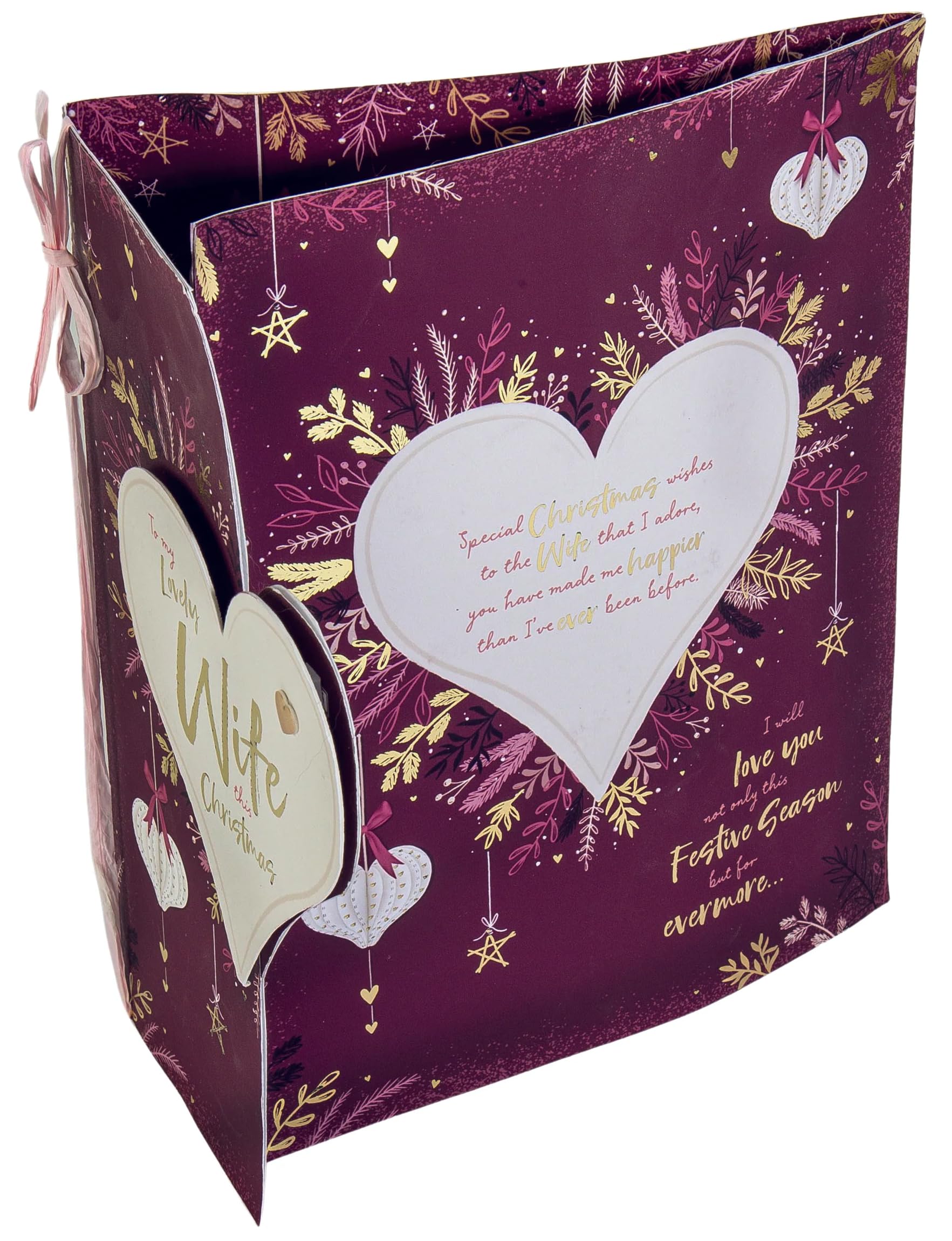 To My Lovely Wife Keepsake Boxed Christmas Card Paper Hanging Heart Bauble Design - 10'' x 8'' - Hand Finished with Gold Emboss and Pink Bow