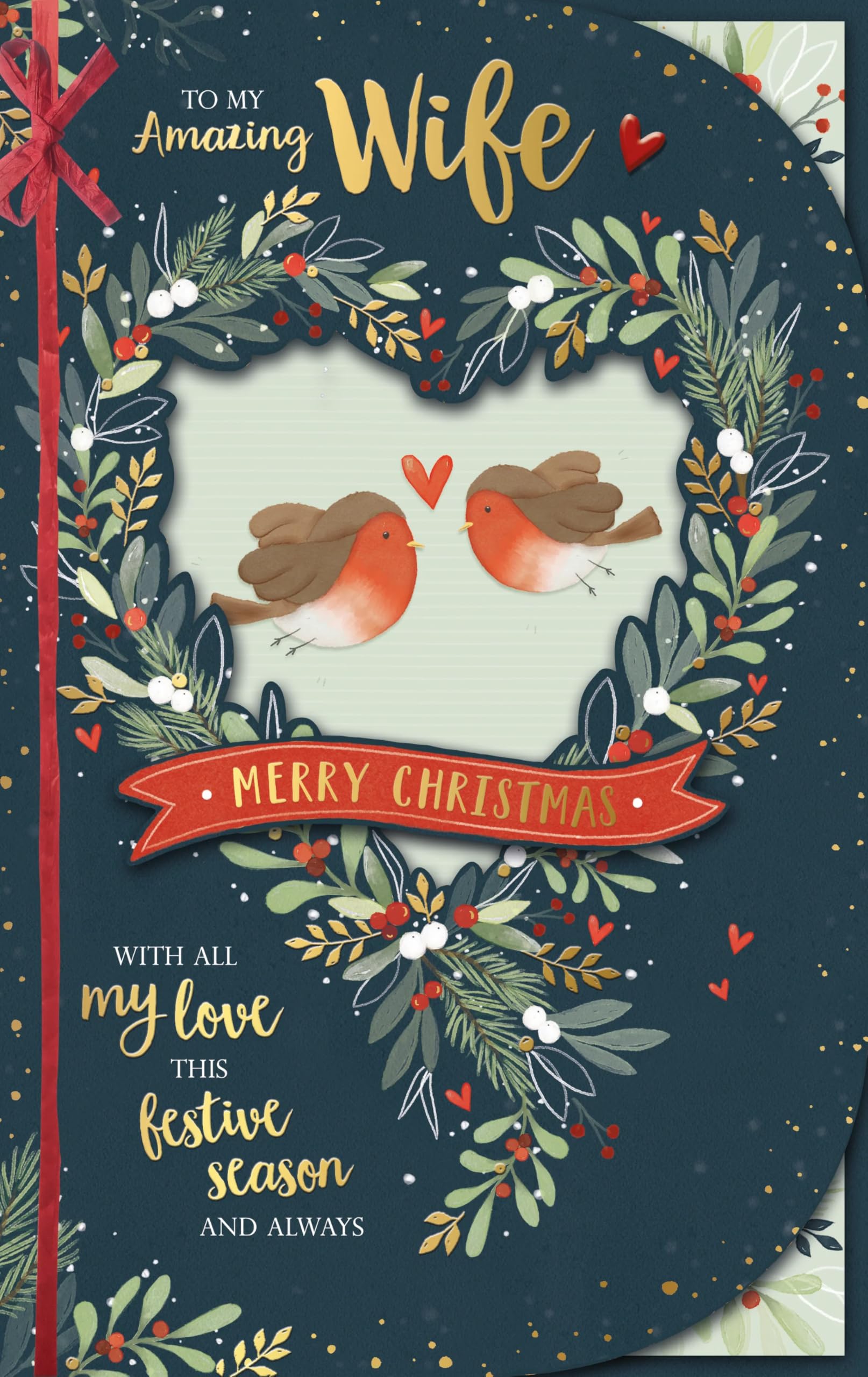 To My Amazing Wife - Love Birds Heart Wreath Large Hand Finished Christmas Card (28x18cm) with Gold Emboss Finish - Purple Bow and 3-Page Verses