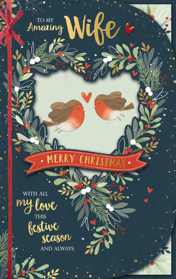 To My Amazing Wife - Love Birds Heart Wreath Large Hand Finished Christmas Card (28x18cm) with Gold Emboss Finish - Purple Bow and 3-Page Verses