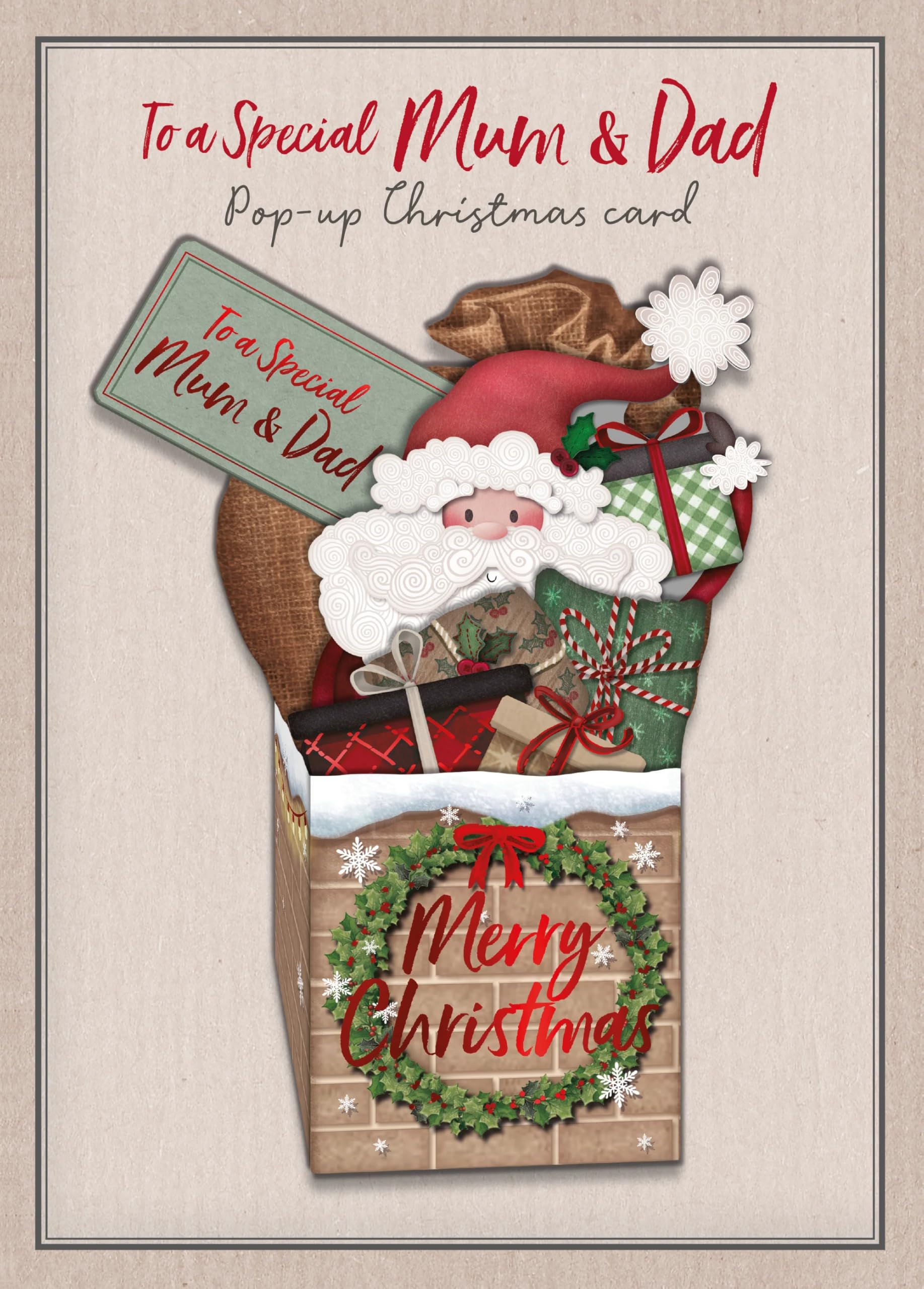 To a Special Mum & Dad Santa Popping Out Of Chimney Large Pop Up Christmas Card (25x18cm) Matt Finished with Craft Envelope