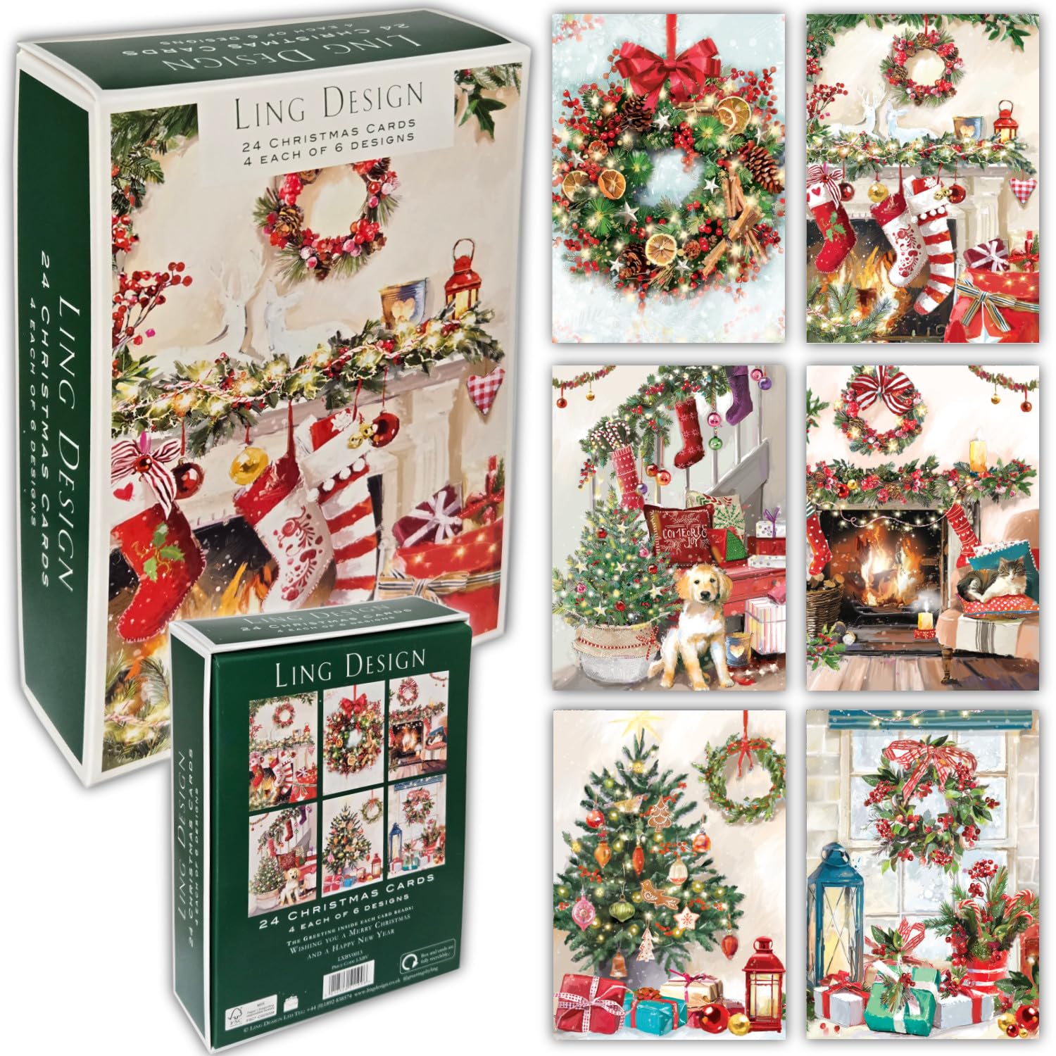 Cosy Christmas Traditional Box of 24 Assorted Xmas & New Year Cards - 4 Each of 6 Designs by Ling Design