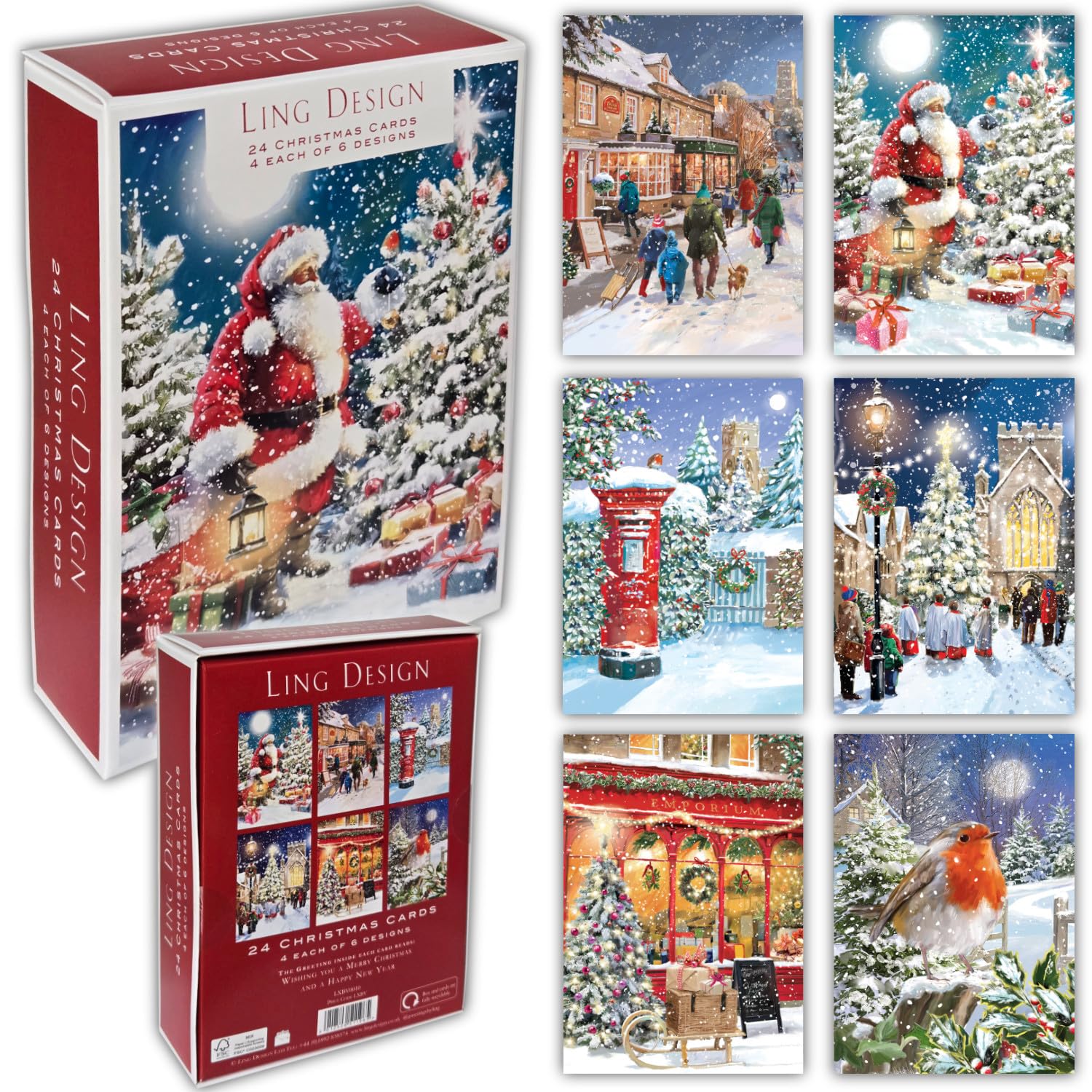 Classic Traditional Xmas Art Box of 24 Assorted Christmas & New Year Cards - 4 Each of 6 Designs by Ling Design