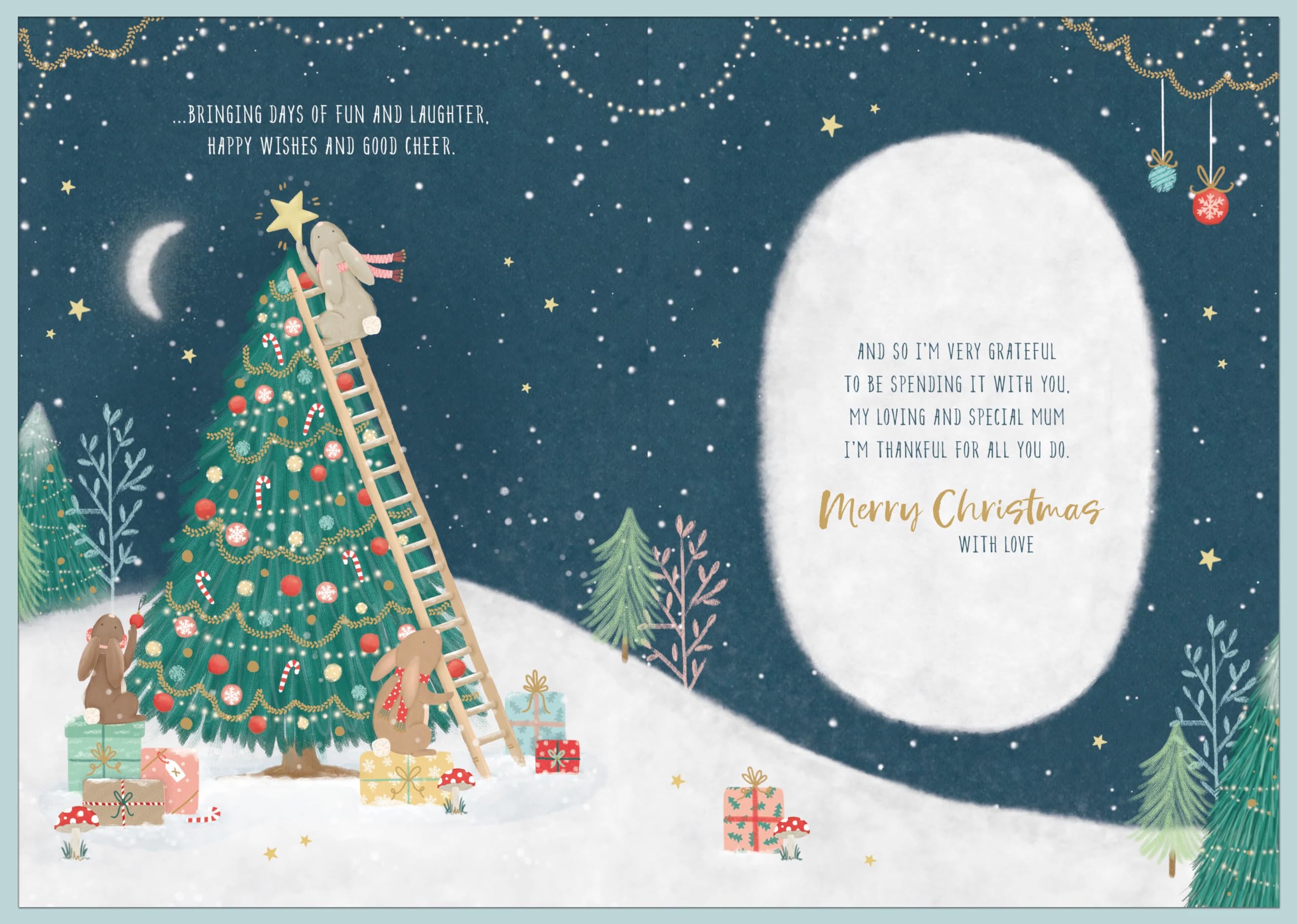 To a Lovely Mum Rabbits Decorating Xmas Tree Large Hand Finished Christmas Card (25x18cm) with Gold Emboss Finish - Red Bow and 2-Page Verse