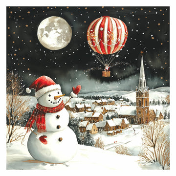 Snowman Waving to Santa in Air Balloon Pack of 5 Charity Christmas Cards with Envelopes - 14x14cm - Eco-Friendly & Recyclable