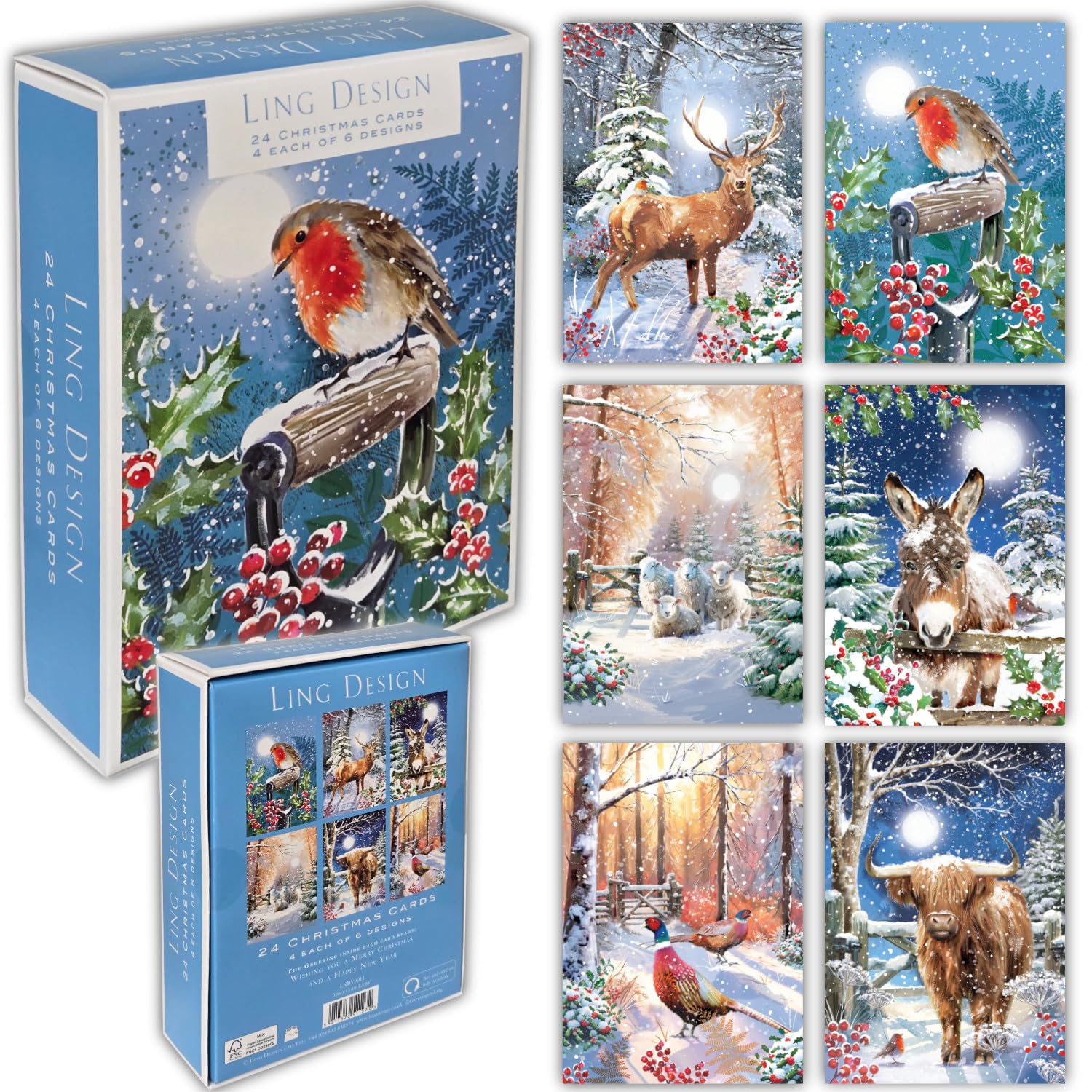 Winter Wildlife Box of 24 Assorted Christmas & Happy New Year Cards - 4 Each of 6 Designs by Ling Design
