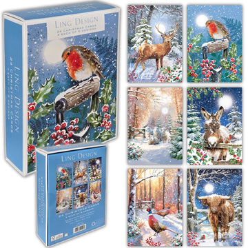 Winter Wildlife Box of 24 Assorted Christmas & Happy New Year Cards - 4 Each of 6 Designs by Ling Design