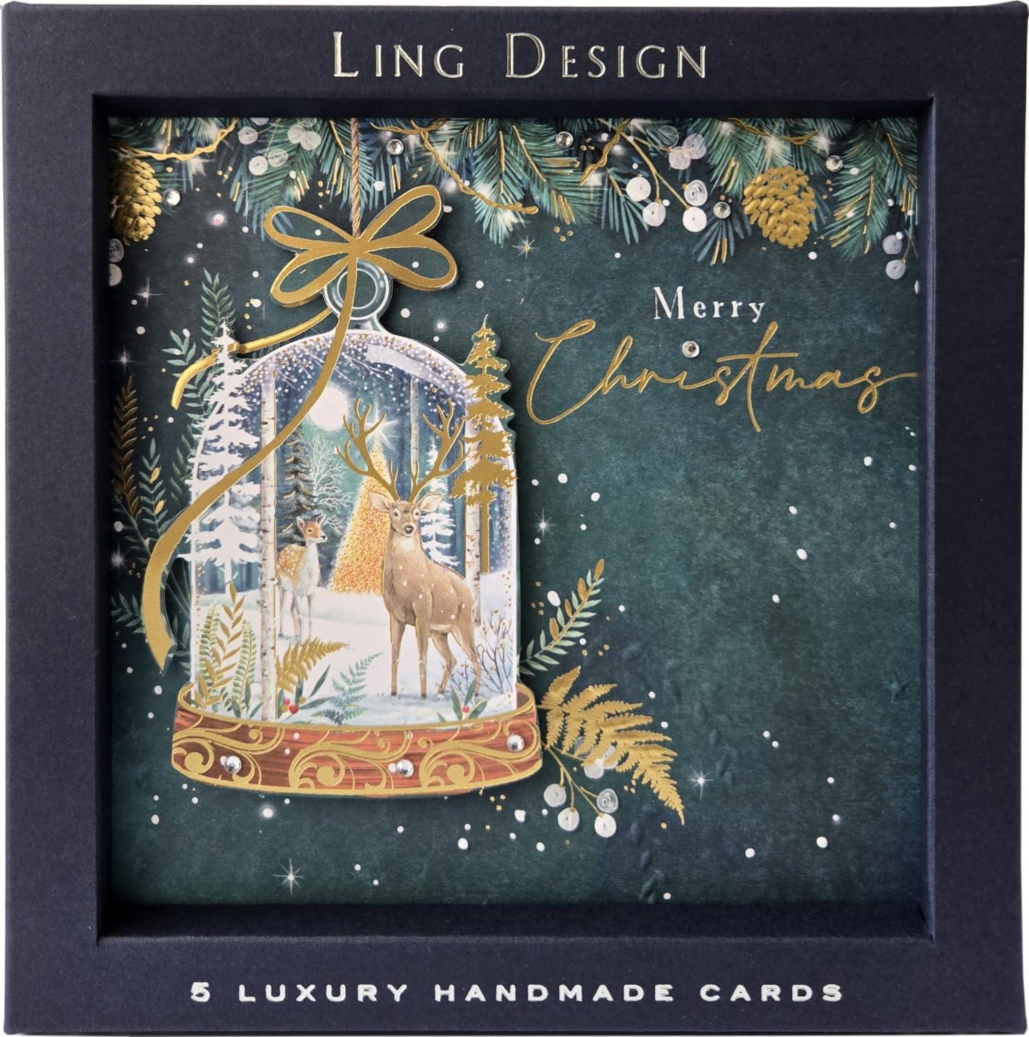Pack of 5 Exquisite Handmade Christmas Cards - Foil Embossed - Embellished - Raised Cut-Out Greeting Cards - 160 x 160mm by Ling Design