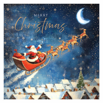Santa Sleigh Over Rooftops Charity Christmas & Happy New Year Cards - Pack of 5