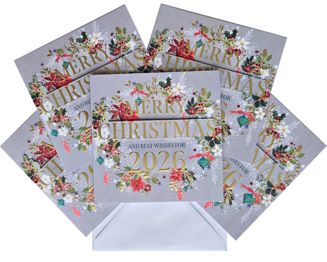 Best Wishes for 2026 - Gold Embossed - Embellished - Box of 5 Luxury Handmade Christmas & New Year Cards