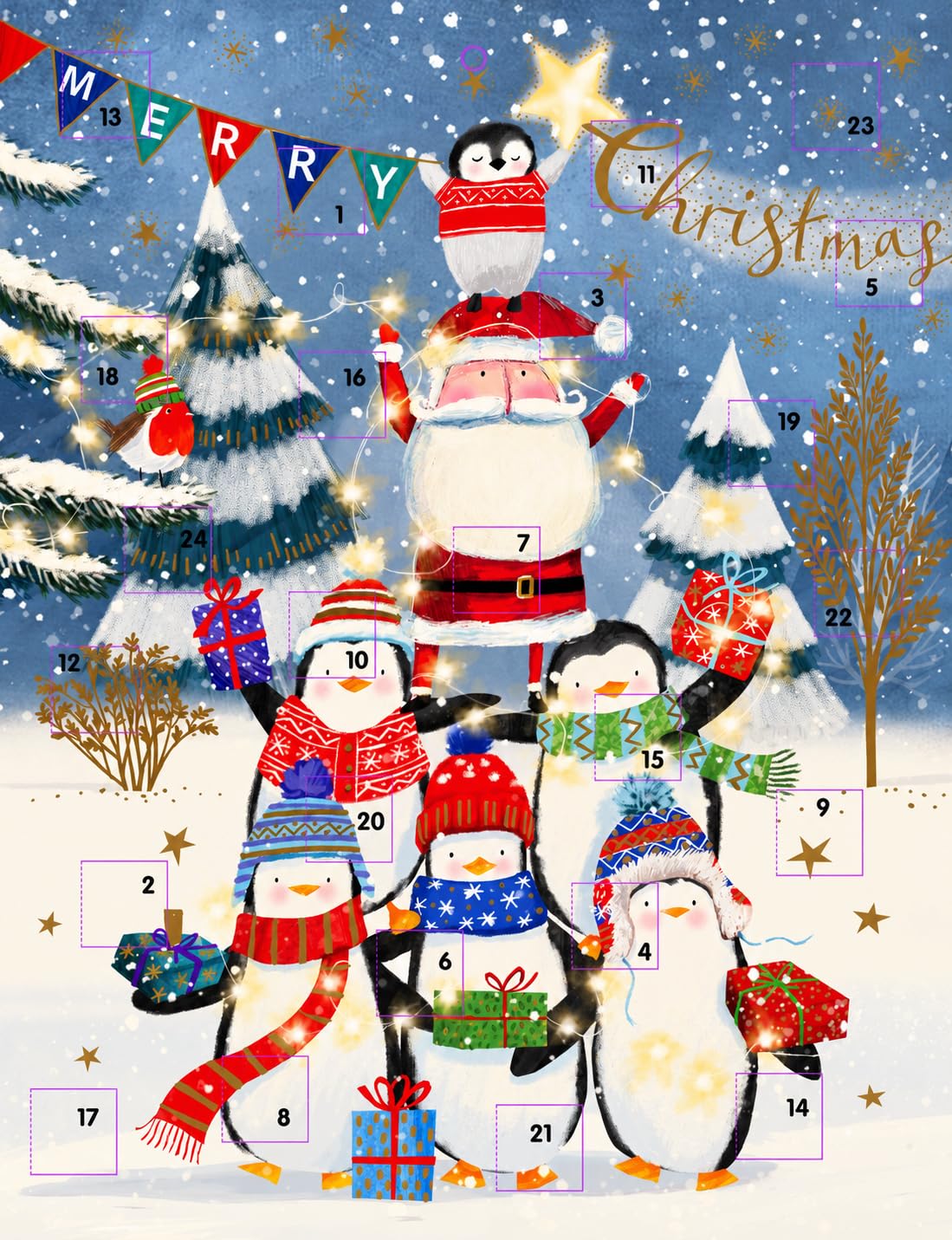 Ling Design XL Advent Calendar - Penguin & Santa Tower with Gold Foil, 24 Door Christmas Countdown, 43 x 32 cm