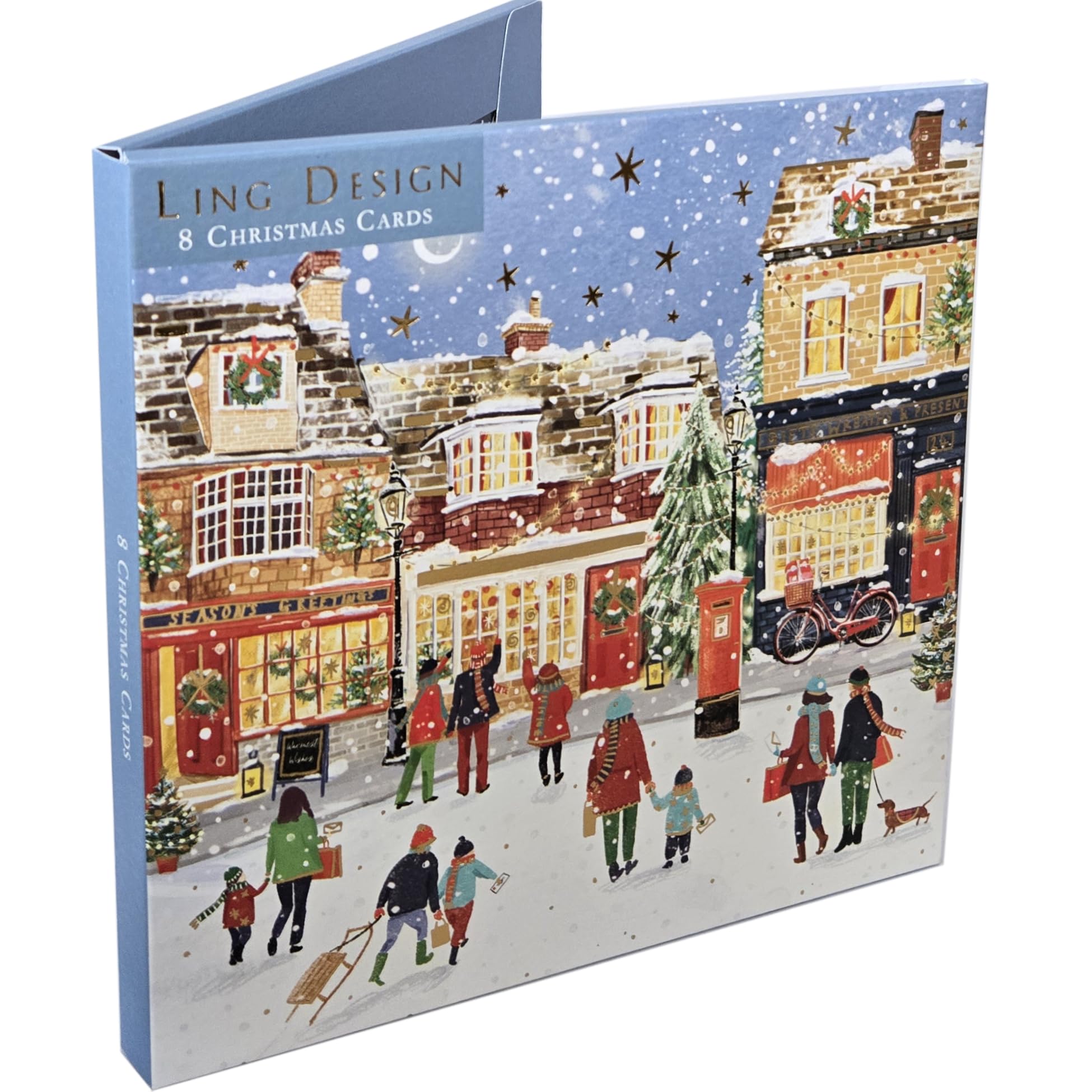 London Christmas Shopping - Festive Arts & Crafts Pack of 8 Christmas Cards in 2 Designs - 16 x 16cm - Gold Embossed - Great British Card Company