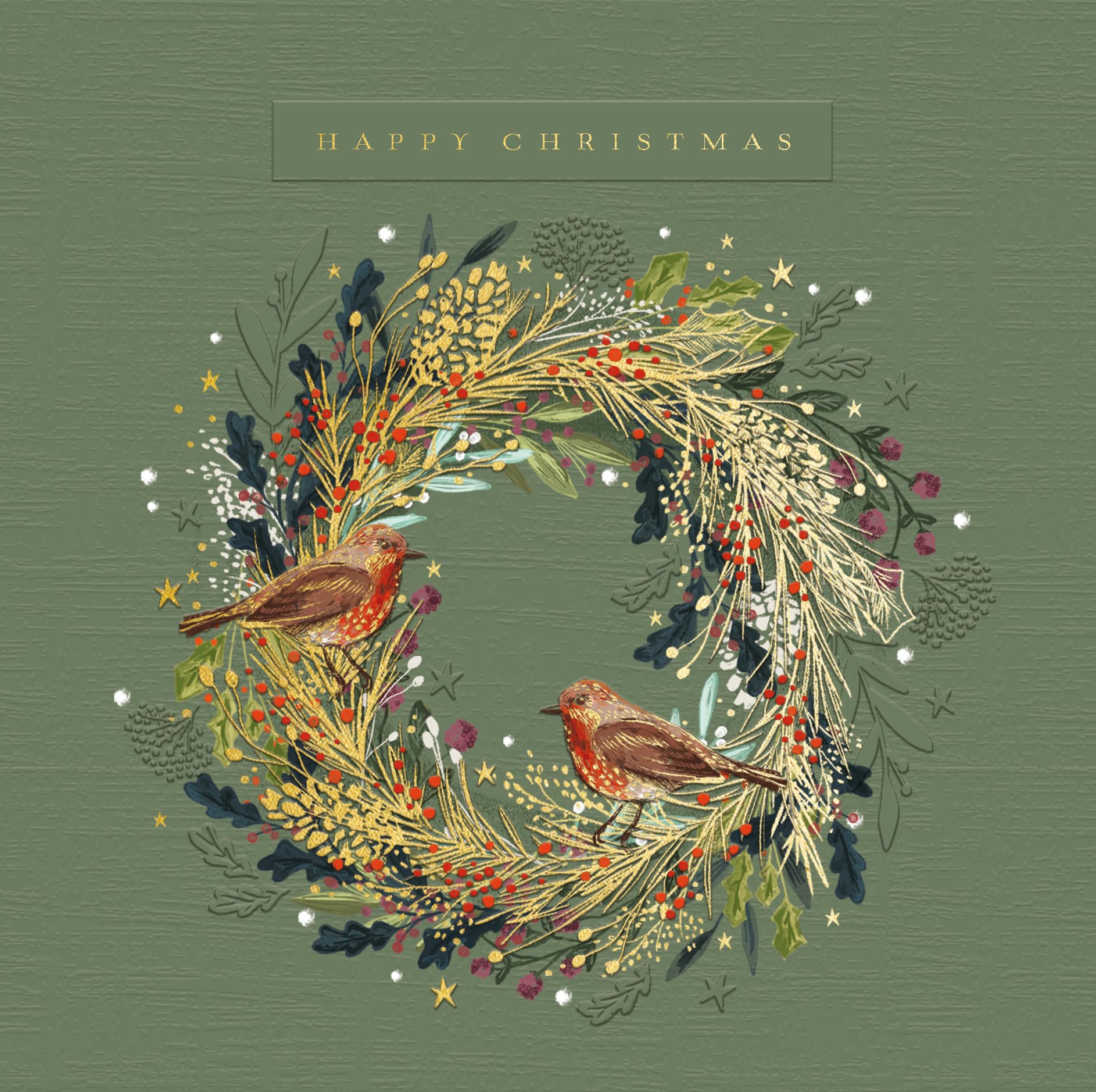 Red Robin Wreath Festive Art Premium Pack of 5 Christmas & New Year Cards - 16 x 16cm - Matt Finish with Foil Embossed Detail by Ling Design