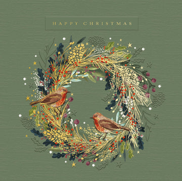 Red Robin Wreath Festive Art Premium Pack of 5 Christmas & New Year Cards - 16 x 16cm - Matt Finish with Foil Embossed Detail by Ling Design