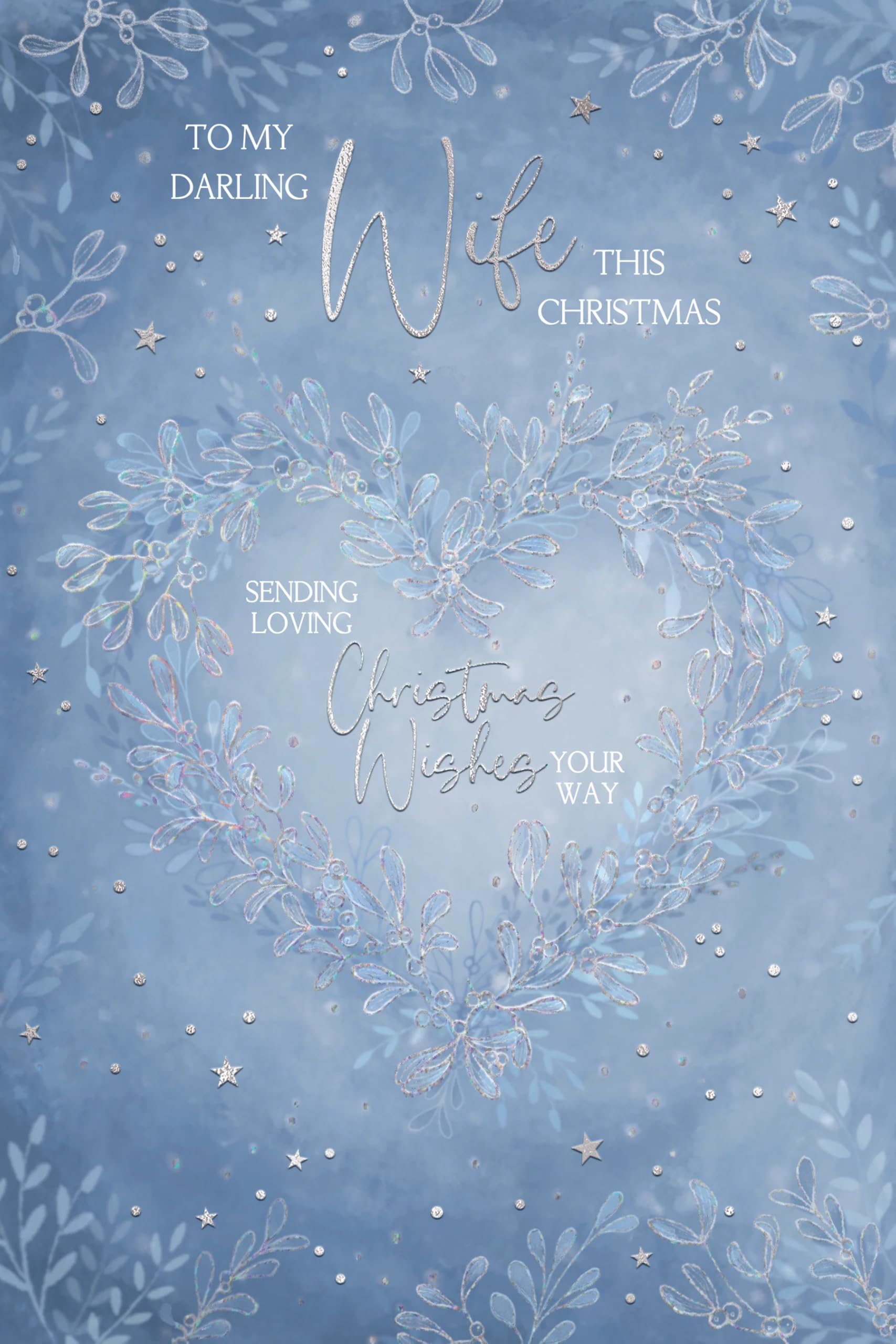 To my Darling Wife Wreath Heart Sparkle Festive Winter Wonderland Christmas Card (23x15.5cm)  Silver Foil Finish with Silver Envelope