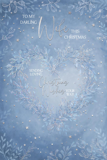 To my Darling Wife Wreath Heart Sparkle Festive Winter Wonderland Christmas Card (23x15.5cm)  Silver Foil Finish with Silver Envelope