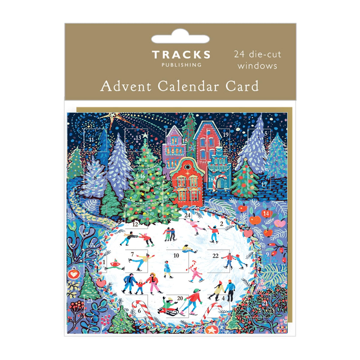 Tracks Publishing Advent Calendar Card - 24 Door Christmas Countdown, 160 x 160 mm, Kraft Envelope - 6 Designs