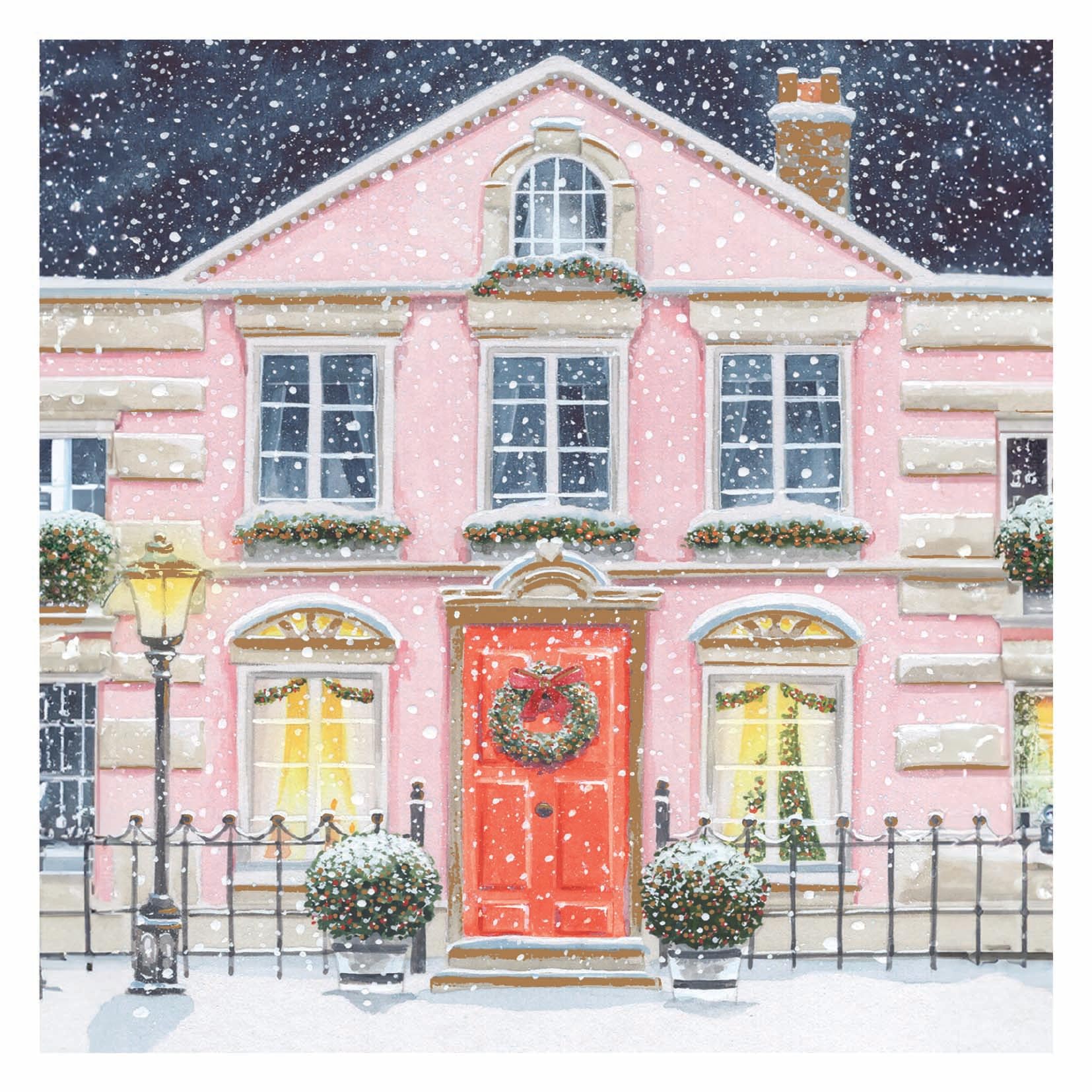 A Christmas House with Red Door Wreath - Pack of 5 Festive Charity Christmas & Happy New Year Cards with Envelopes