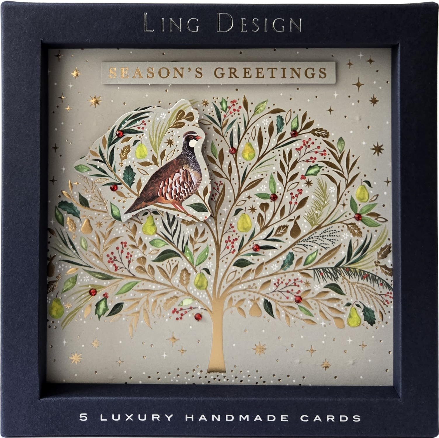 Pack of 5 Exquisite Handmade Christmas Cards - Foil Embossed - Embellished - Raised Cut-Out Greeting Cards - 160 x 160mm by Ling Design