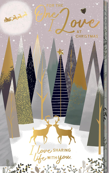 For The One I Love - Golden Reindeer & Forest Trees Large Luxury Christmas Card (28x18cm) with Gold Emboss Finish - Gold Star and 3-Page Verses