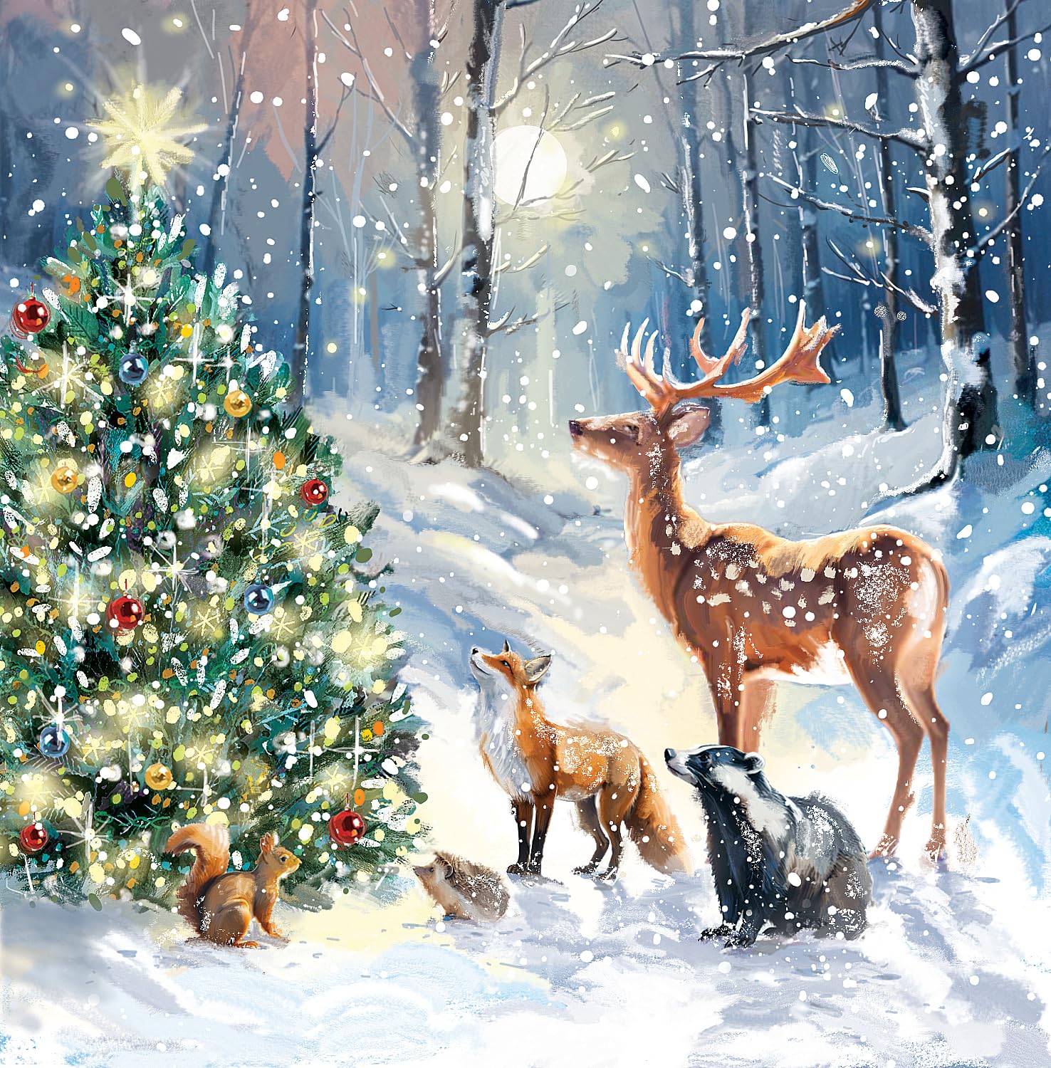 Magical Winter Forest Festive Art Deluxe Box of 12 Christmas & New Year Cards - 135 x 135mm (5.5x5.5in) - Gloss Finish on Premium Board by Ling Design