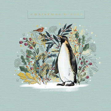 Penguin Festive Wishes Premium Pack of 5 Christmas & New Year Cards - 16 x 16cm - Matt Finish with Foil Embossed Detail by Ling Design