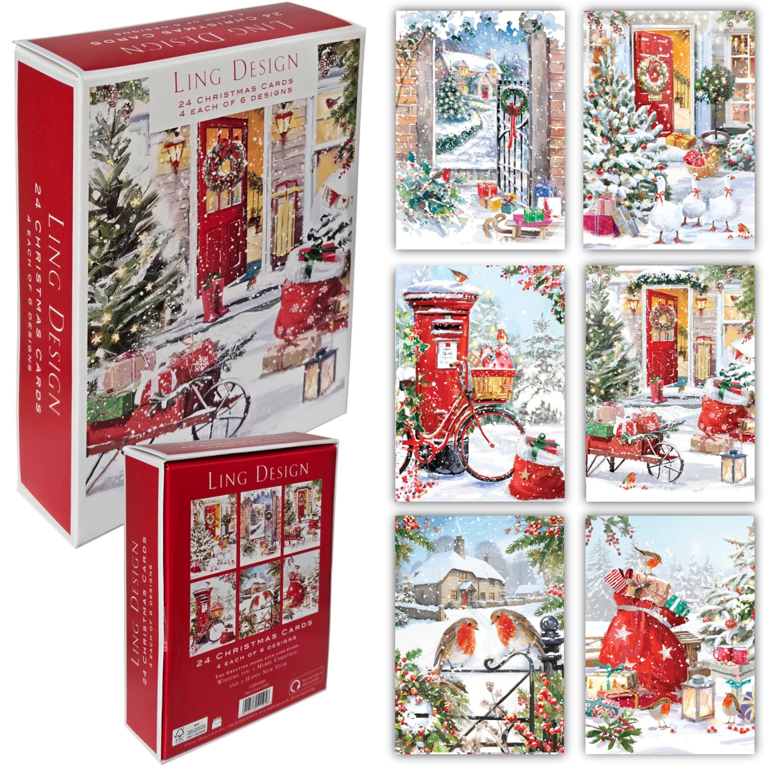 At Home for Xmas Box of 24 Assorted Christmas & New Year Cards - 4 Each of 6 Designs by Ling Design