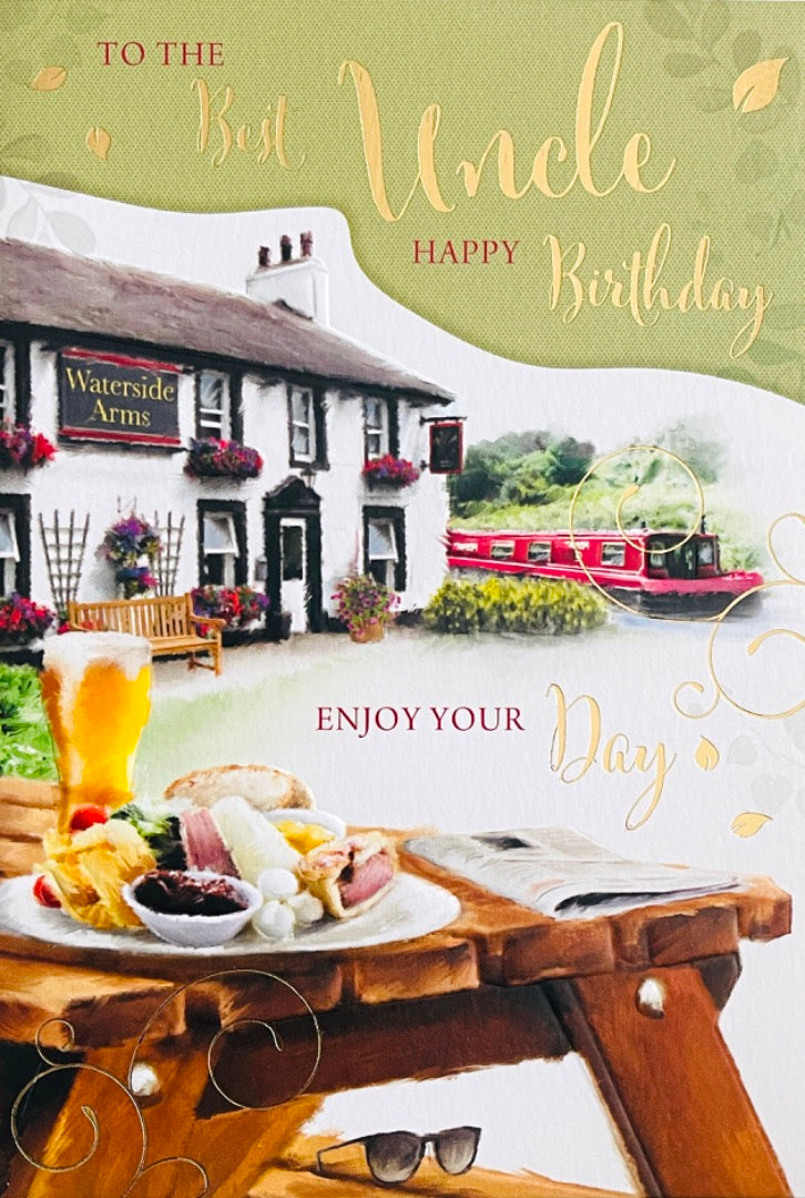 To The Best Uncle Happy Birthday Card Pub Beer Garden Cheese Board Canal Boat