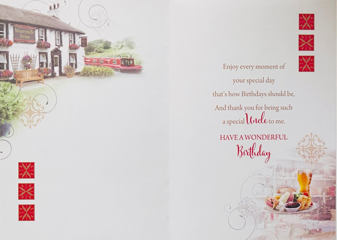 To The Best Uncle Happy Birthday Card Pub Beer Garden Cheese Board Canal Boat